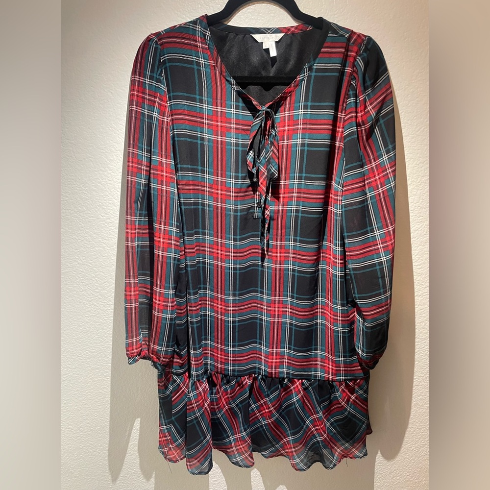 Draper James Plaid Dress Long Sleeve Drop Waist Tie Neck Ruffle Size Large